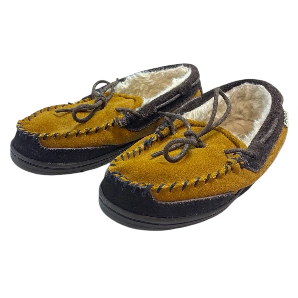Staheekum Suede Moccasin Slippers Brown Tan Faux Fur Lined Indoor Outdoor Size 1